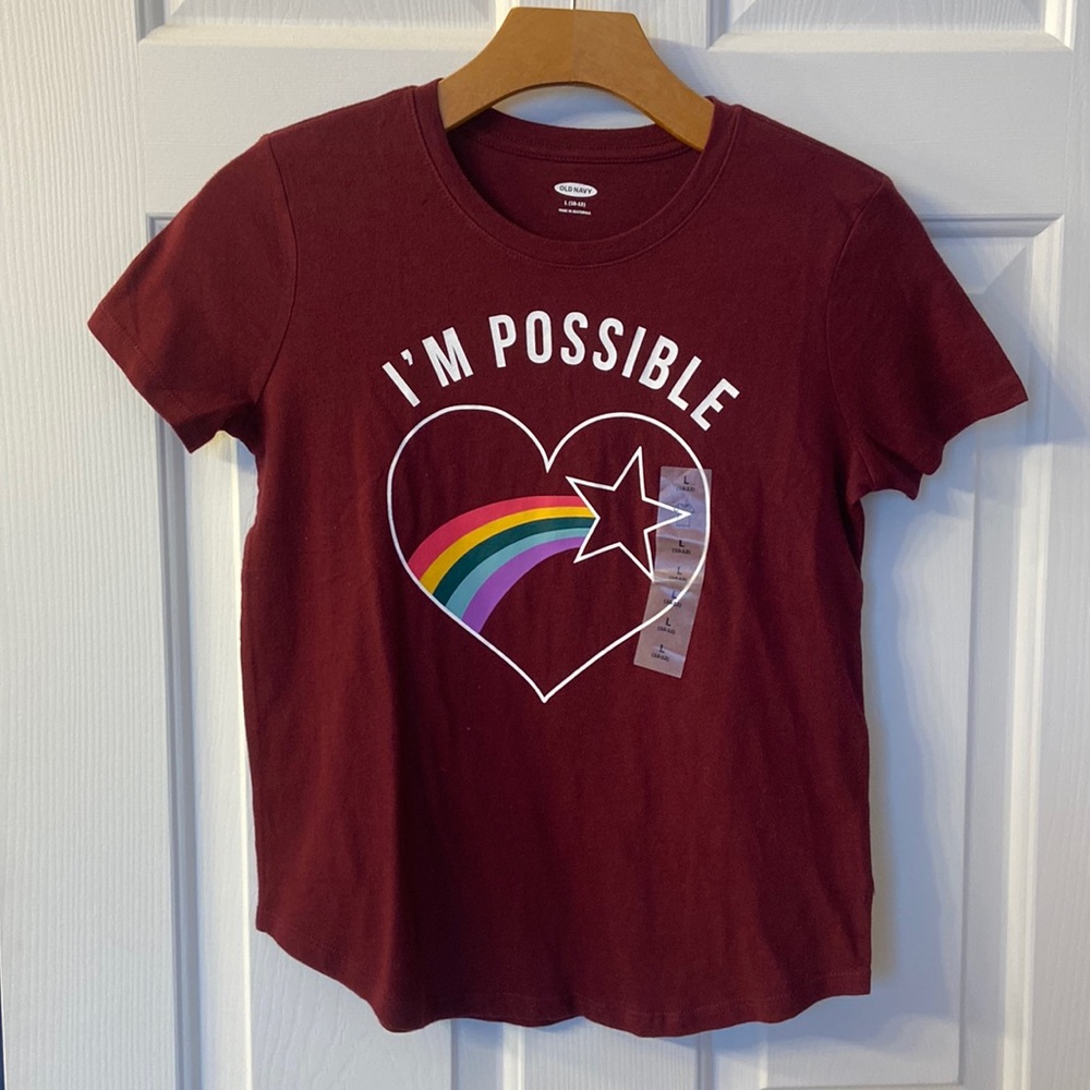 “Impossible”: Girls 10-12 Old Navy T-shirt Maroon